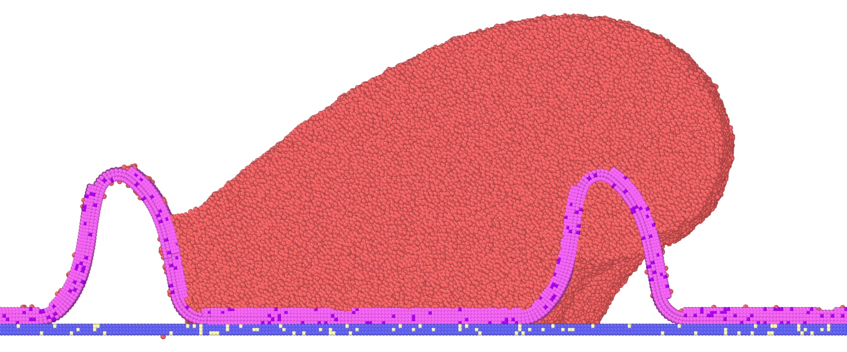 Simulated water droplet held between the peaks of a magnetically switchable, multistable ribbon array on a substrate